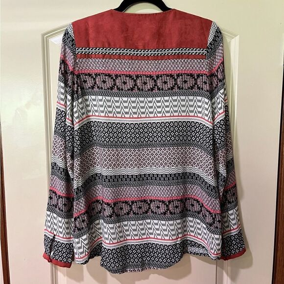 ANTHROPOLOGIE THML Stripe Mosaic Print Top Black Beige Orange Women’s Size Small - Picture 2 of 7